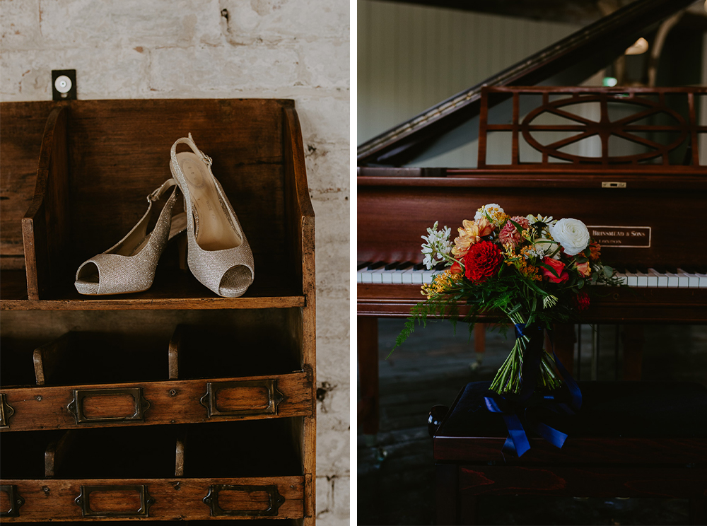 Wedding shoes and bridal bouquet